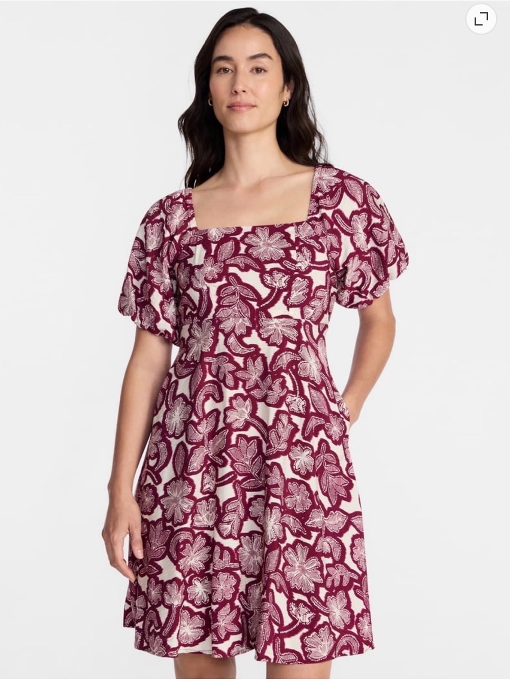 NWT Burgundy Floral Square-Neck Mini Dress Puff Sleeves Women’s Size XS (0-2)